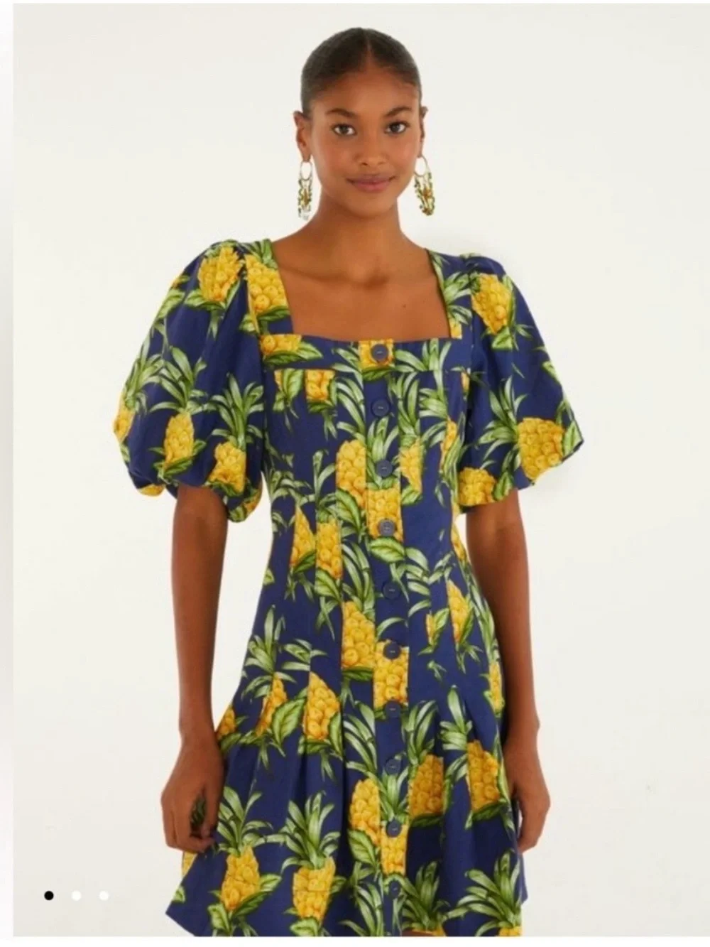 Farm Rio Blue Navy Delicate Pineapple Print Summer Mini Dress Size Small
